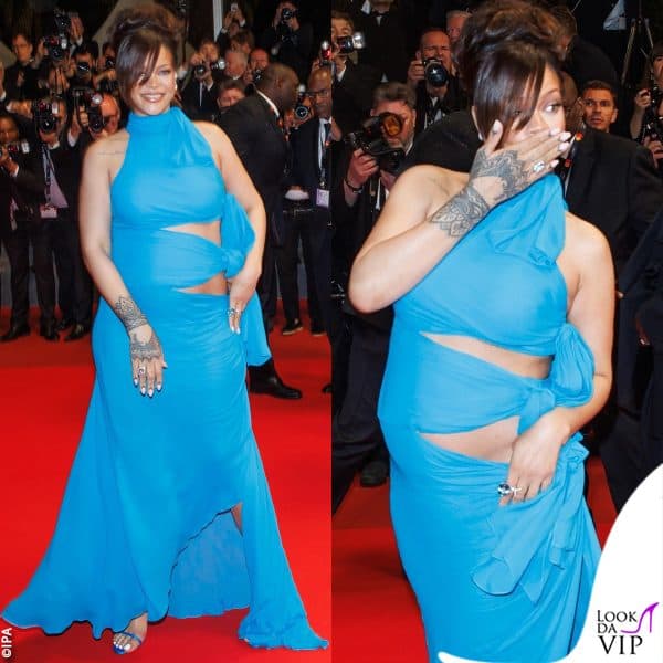 Rihanna con un abito Alaia, sandali Amina Muaddi e gioielli Boucheron 