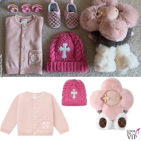 maglione e peluche Louis Vuitton, cappellino Chrome Hearts, sneakers Vans