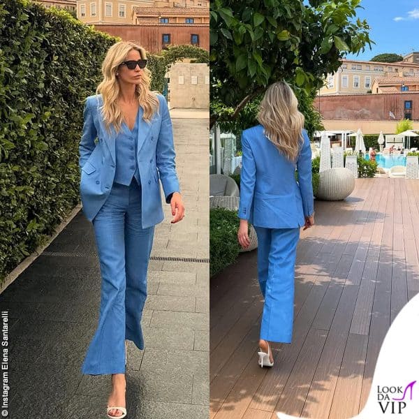 Elena ha indossato un tailleur Parosh sui toni del blu abbinato ad accessori bianchi