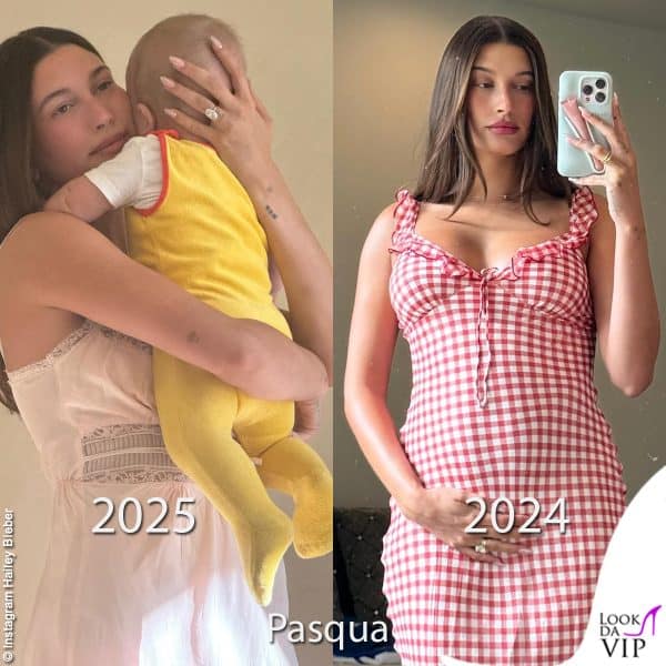 Hailey Bieber con il figlio Jack Blues a Pasqua 2025, col pancione l'anno precedente