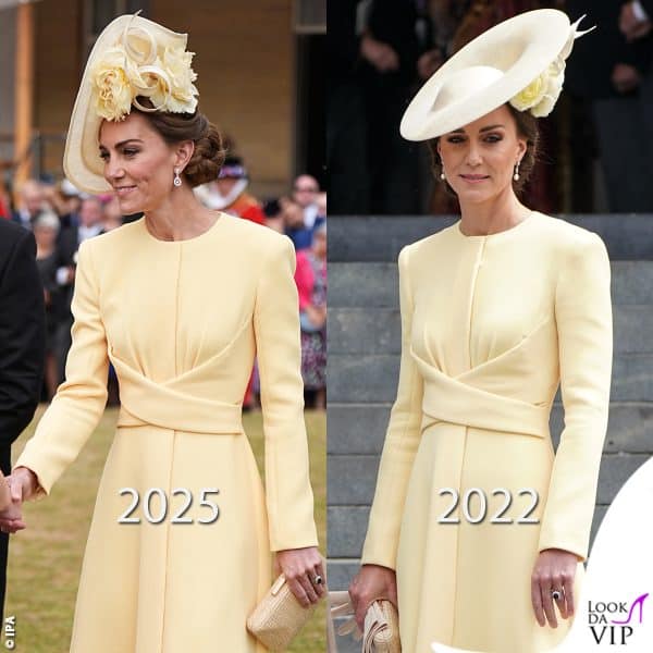 L'abito giallo Emilia Wickstead è lo stesso che aveva scelto per il Giubileo di Platino nel 2022 . Il cappello è sempre Philip Treacy, ma di foggia differente