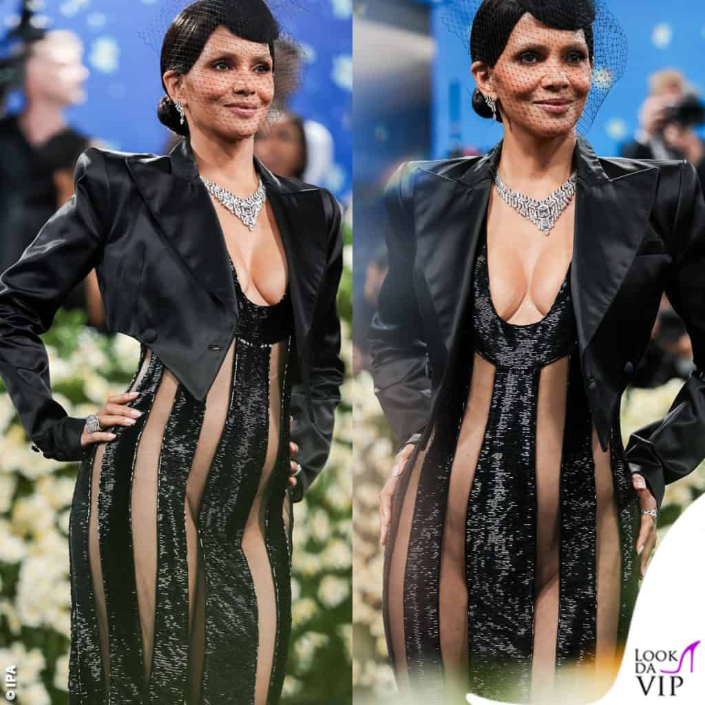 Met Gala 2025 Halle Berry abito LaQuan Smith gioielli Cartier fascinator Jennifer Behr