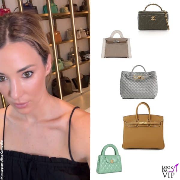 ecco alcune delle borse più esclusive di Alice Campello, dall'alto: Chanel "Vanity Box", Hermès "Mini Kelly II Teddy", Bottega Veneta "Andiamo", Hermès "Birkin", Chanel "Nano"