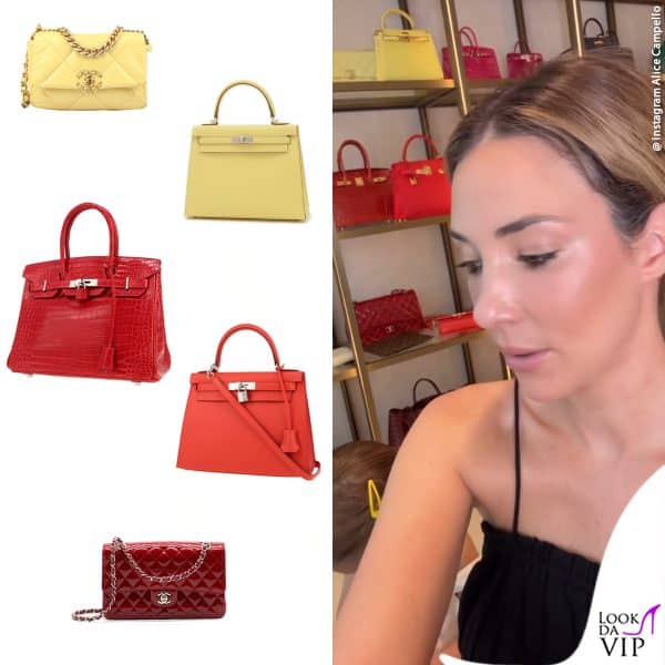 dall'alto: Chanel "19", Hermès "Kelly" sia gialla che arancio, Hermès "Birkin", Chanel "Flap"