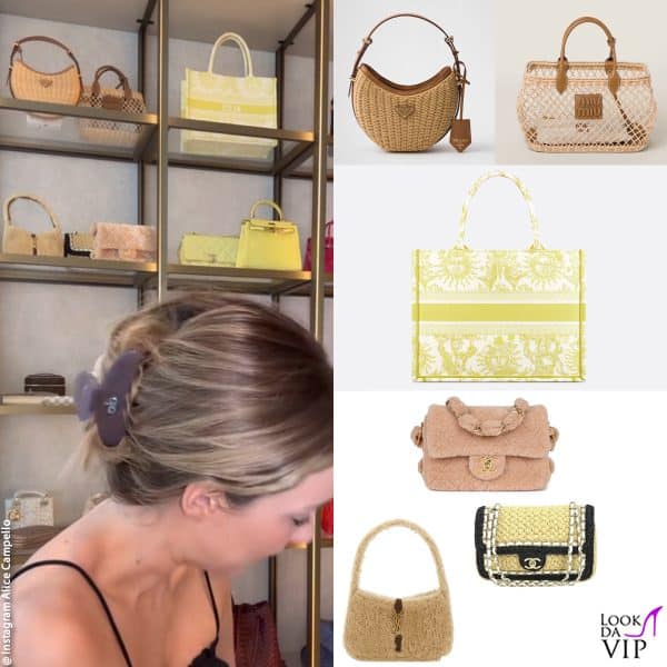 dall'alto: Prada "Arqué", cestino Miu Miu, "Book Tote" Dior, Chanel "Light Pink Shearling", Chanel "Raffia Flap", Saint Laurent "Le 5 a 7 Shearling"