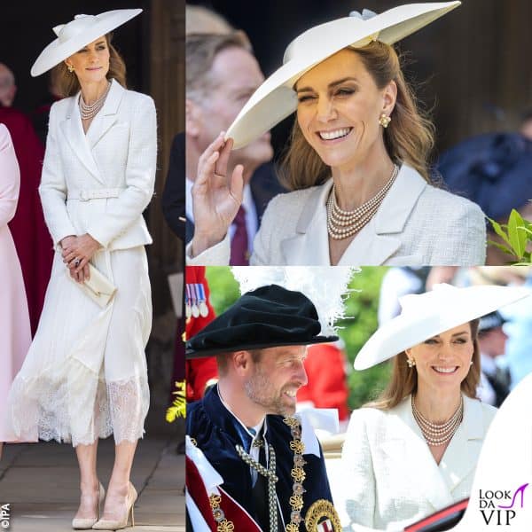 Kate Middleton in total white Self Portrait alla cerimonia per l'Ordine della Giarrettiera