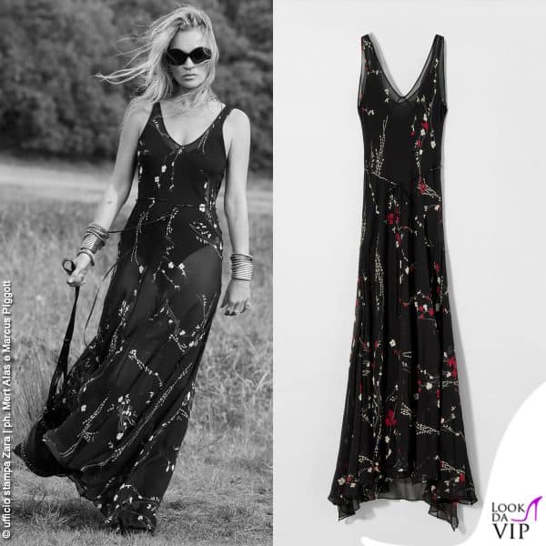Kate Moss sensuale col vestito nero a fiori Zara 