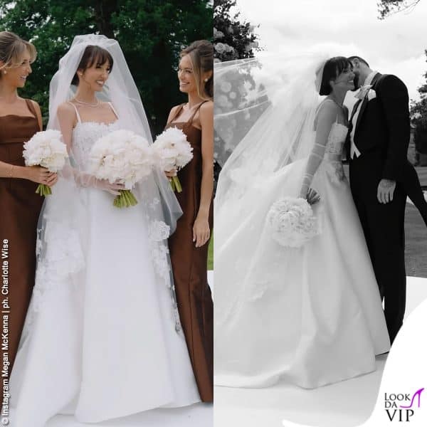 ll primo bridal look, con gonna vaporosa e corpetto floreale