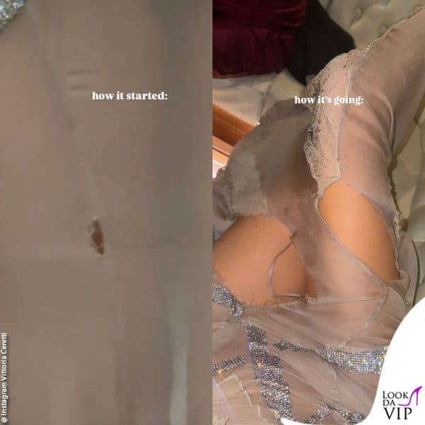 il buchino nel vestito si è trasformato in maxi strappi nel corso della serata 