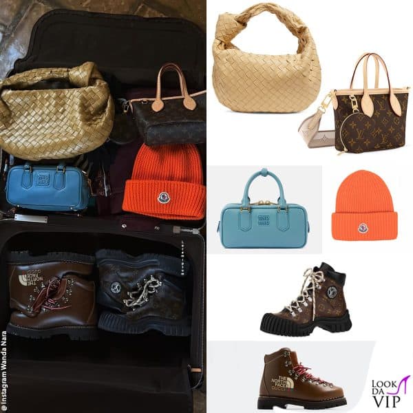 borse Bottega Veneta, Louis Vuitton e Miu Miu, cappello Moncler, stivali Louis Vuitton e Gucci x The North Face 