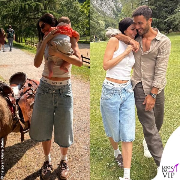 Giulia Salemi con Pierpaolo Pretelli e il piccolo Kian in un momento di relax familiare (outfit Agolde, boxer Celine)