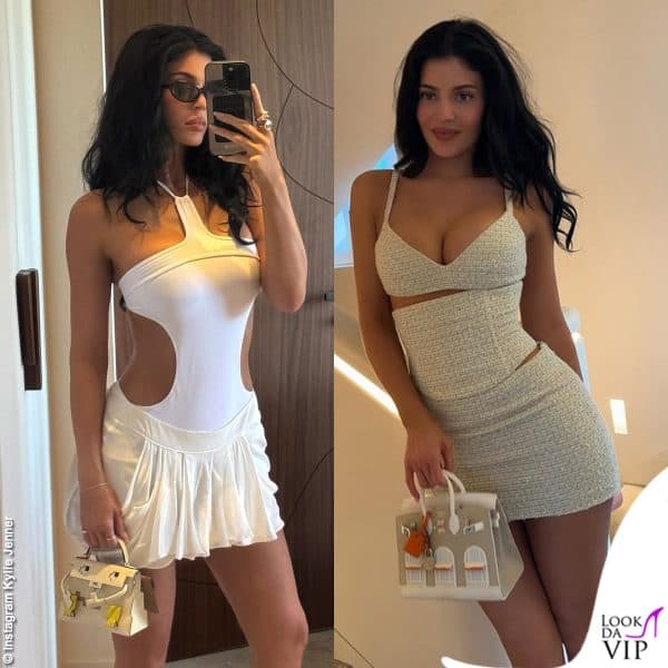 Kylie Jenner con due borse Hermes: la  Kellydole Picto da 50mila euro e la Sac Fabourg (400mila euro)