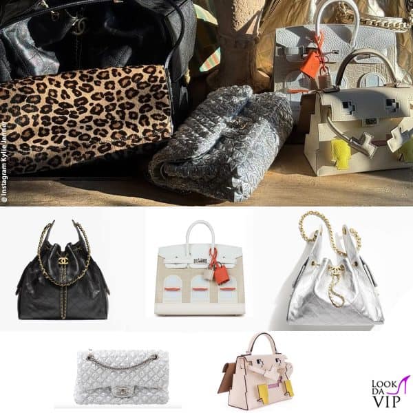 le borse "da vacanza" - da sinistra: Chanel "25", Hermès "Sac Faubourg Birkin 20", Chanel "25", Chanel "Flap", Hermès "Kellydole Picto"