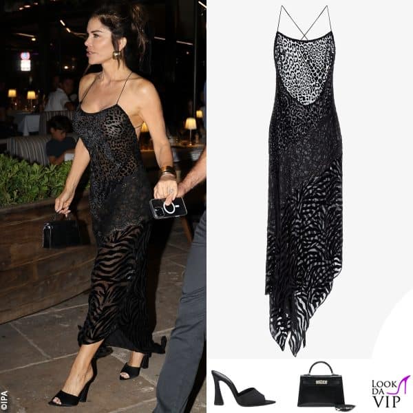 abito Roberto Cavalli, borsa Hermès, sandali Saint Laurent 