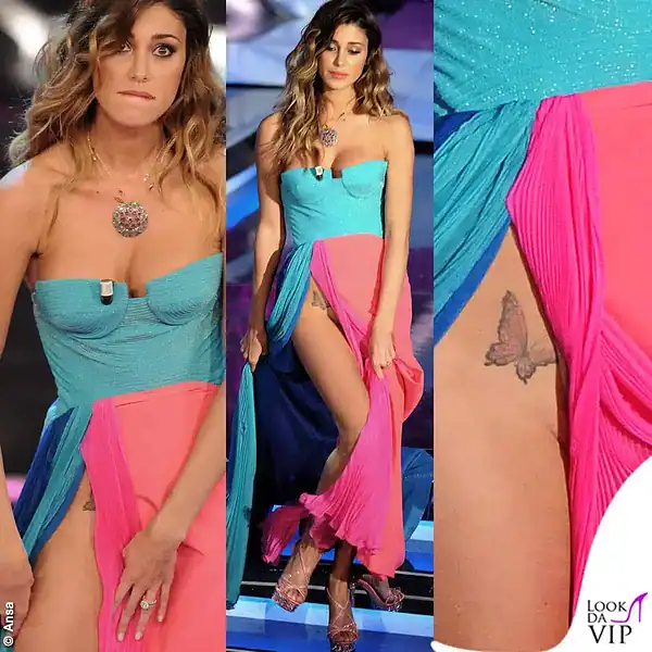 il momento iconico a Sanremo 2012, con il tattoo della farfalla in mostra 