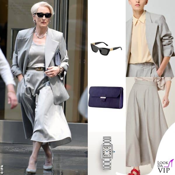 Miranda Priestly indossa giacca e gonna Sa Su Phi, occhiali Jimmy Choo, orologio Cartier e  borsa Pinel et Pinel 