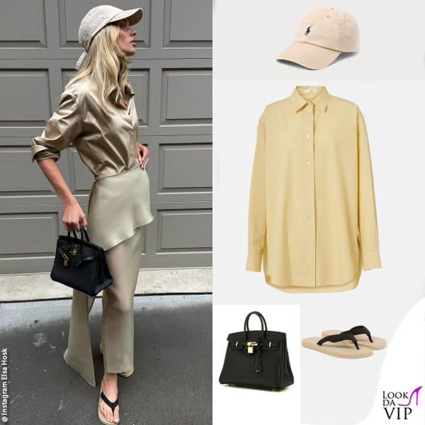 cappello Ralph Lauren, camicia e infradito The Row, borsa Hermès 