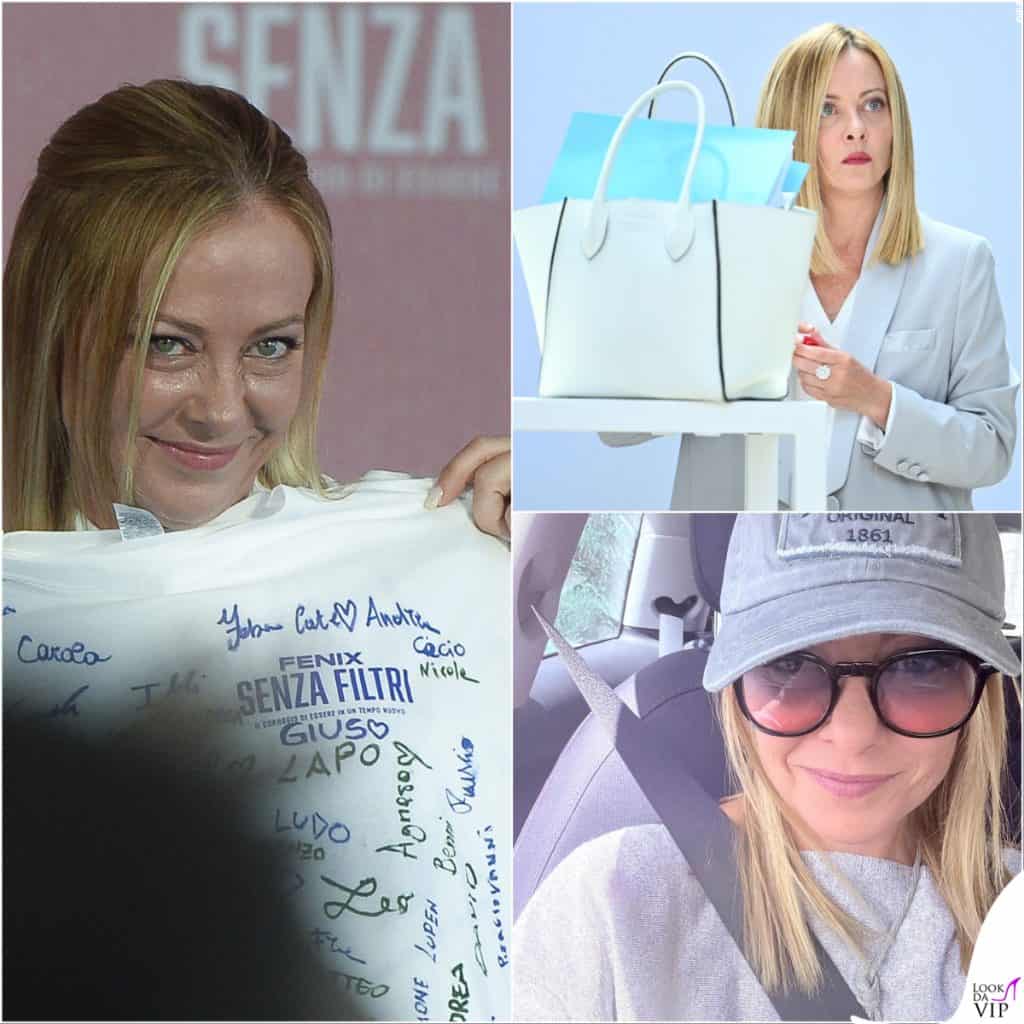 Collage di outfit di Giorgia Meloni tra cappellino, tailleur e camicia bianca.