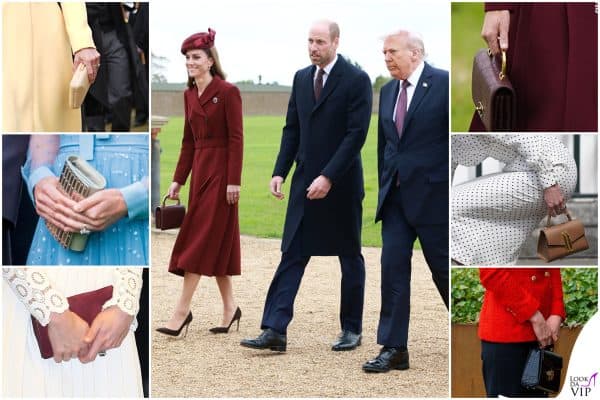 Collage di clutch iconiche indossate da Kate Middleton in vari eventi
