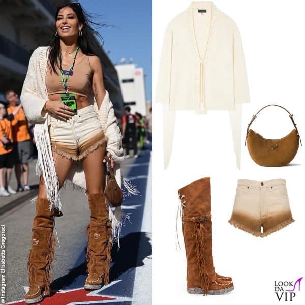 cardigan e shorts Alanui, borsa Prada, stivali El Vaquero 