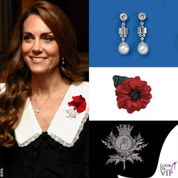 orecchini Bahrain Pearl Drop, spilla con il papavero Lock & Co. Hatters, spilla con il cardo James Porter & Son Diamonds