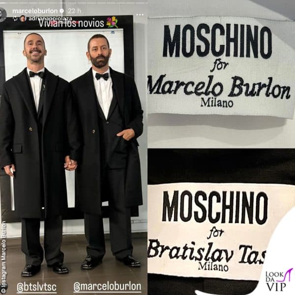Marcelo Burlon e Bratislav Tasic hanno indossato outfit Moschino coordinati: ecco le etichette personalizzate