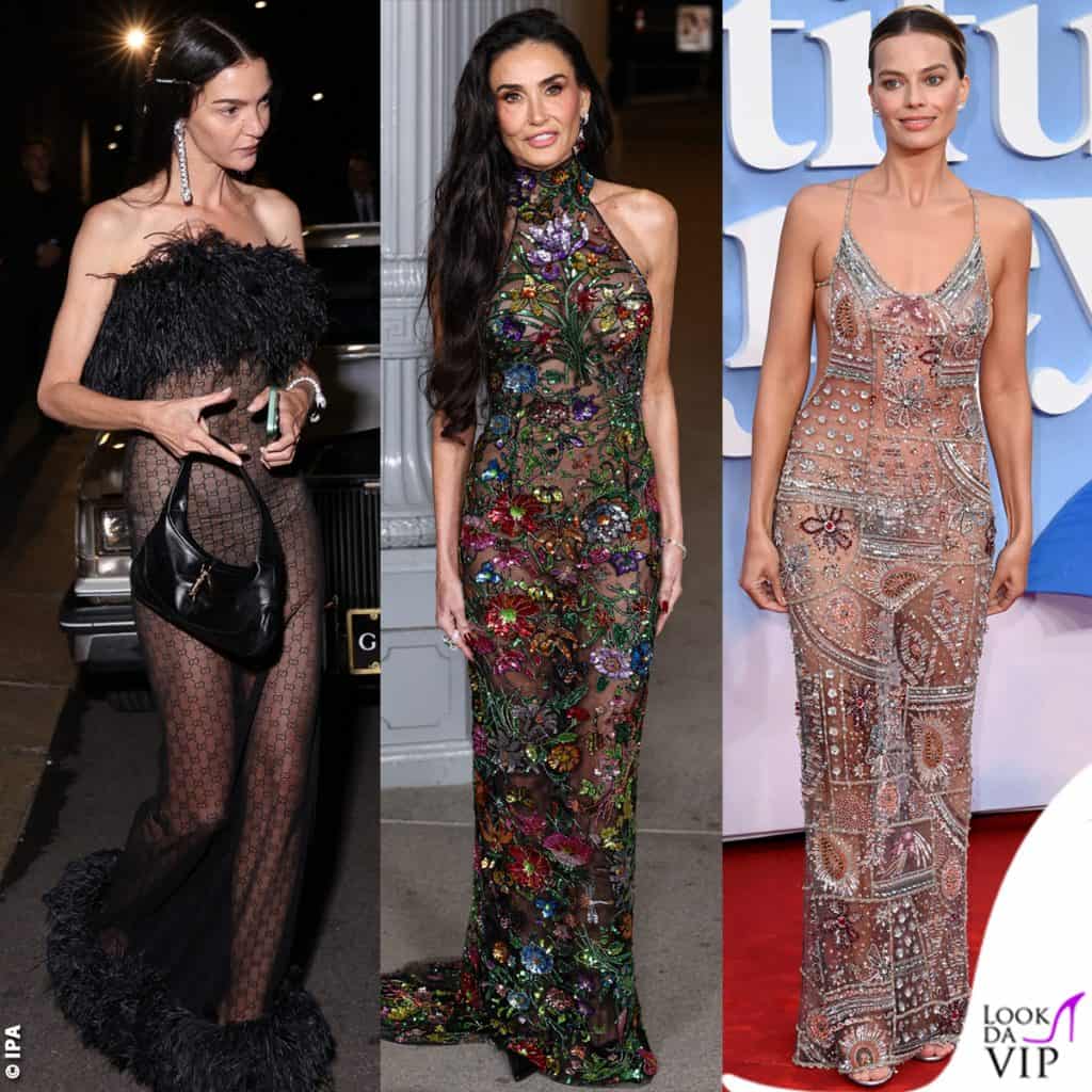 Nude look abiti trasparenti vedo-non-vedo per Mariacarla Boscono in Gucci, Demi Moore in Gucci, Margot Robbie in Armani