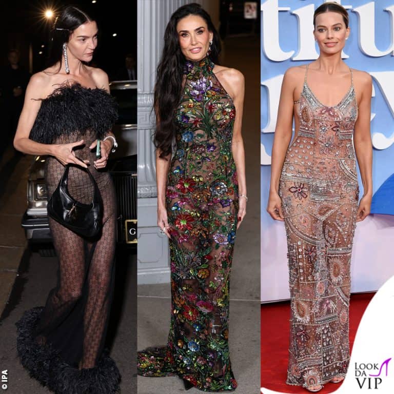 Nude look abiti trasparenti vedo-non-vedo per Mariacarla Boscono in Gucci, Demi Moore in Gucci, Margot Robbie in Armani