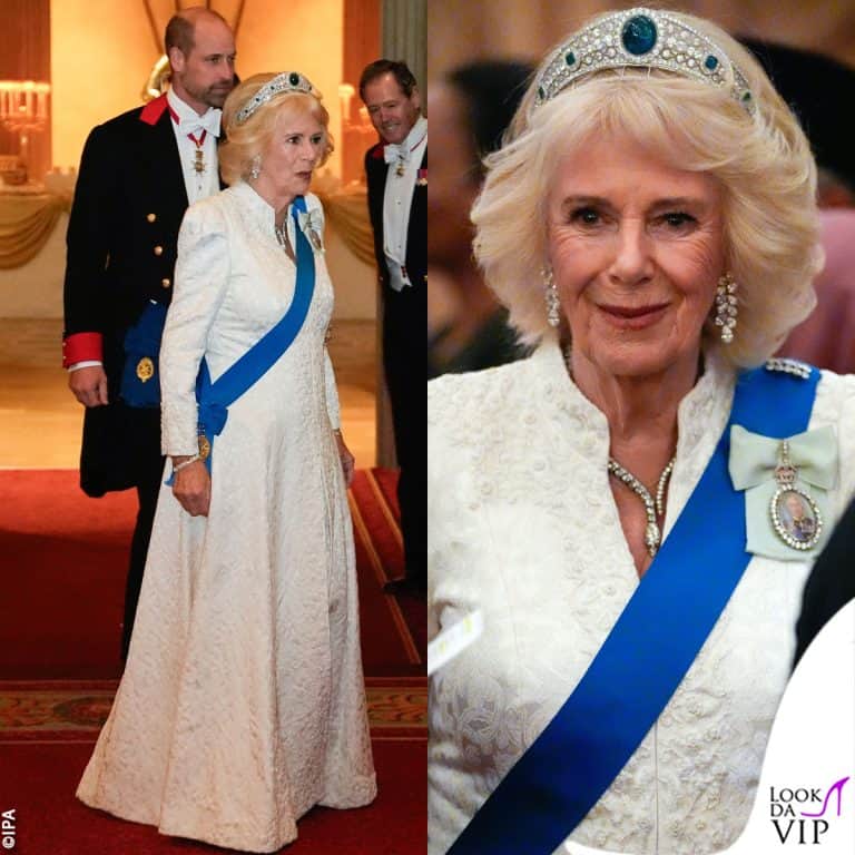 Camilla con abito Fiona Clare e tiara Greville Emerald Kokoshnik