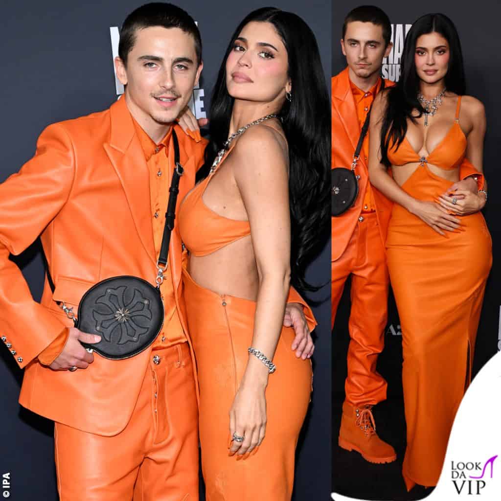 Kylie Jenner e Timothee Chalamet abbinati in arancione Chrome Hearts