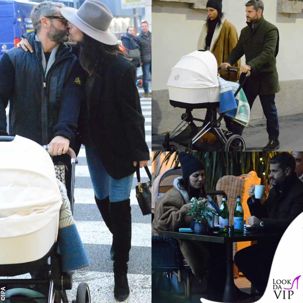 Roberta Morise e Enrico Bartolini passeggiano per Milano con il secondogenito Geremia