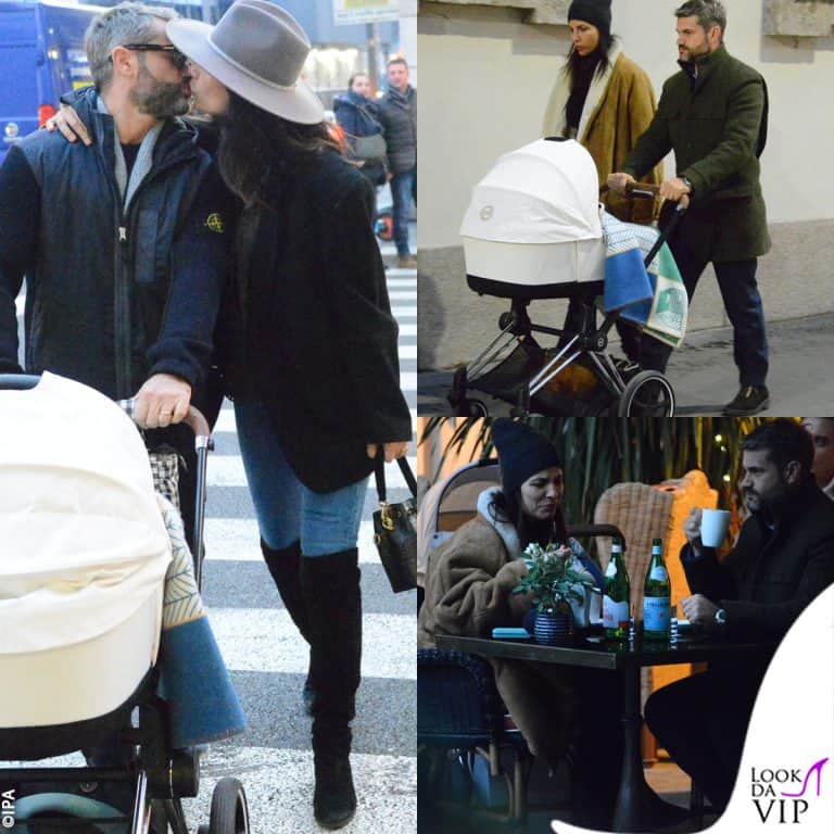 Roberta Morise e Enrico Bartolini passeggiano per Milano con il secondogenito Geremia