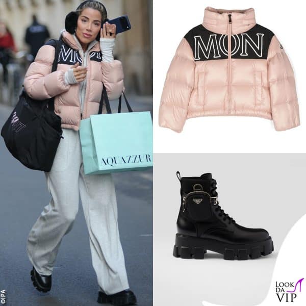 giacca Moncler, stivali Prada 