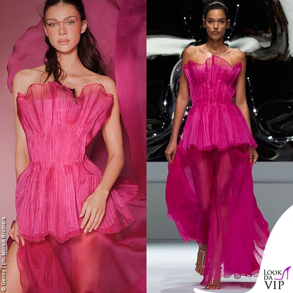 Nicola Peltz Beckham con l'abito fucsia Genny che ha sfilato a Milano