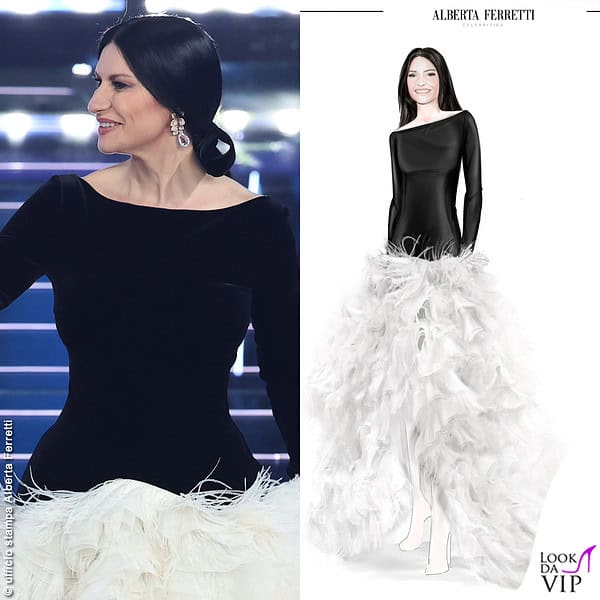 Il primo look Alberta Ferretti di Laura Pausini è bicolore, voluminoso e scenografico
