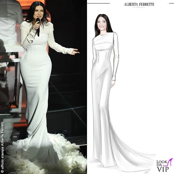 Il secondo look Alberta Ferretti è bianco, in cadi di seta e silhouette scultorea