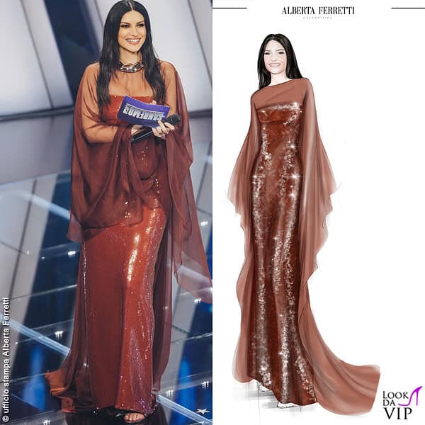 Il quarto look di Laura è cinnamon brown, con paillettes effetto bagnato
