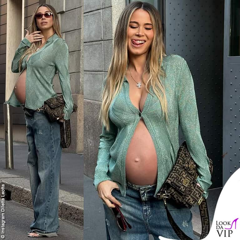 Diletta Leotta look primaverile col pancione a vista: cardigan Ballantyne jeans minimum fashion borsa Fendi