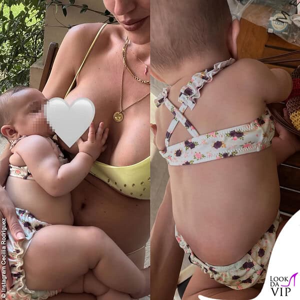 Clara in braccio a mamma Cecilia: entrambe indossano un costume Me Fui 
