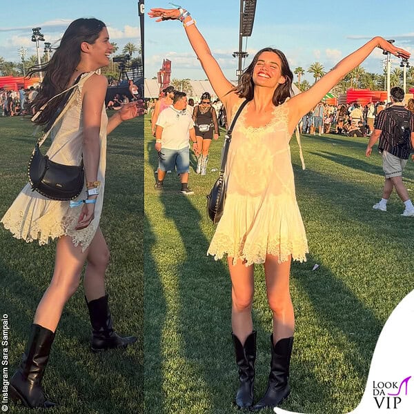 Sara Sampaio indossa un vestito Zimmermann con borsa Isabel Marant