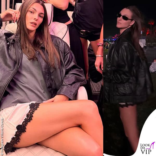 Vittoria Ceretti indossa shorts Doen e giacca di pelle