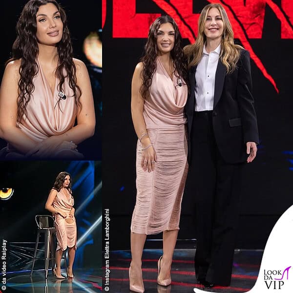 Elettra Lamborghini a Belve con un look Elisabetta Franchi e Francesca Fagnani in Dolce&Gabbana