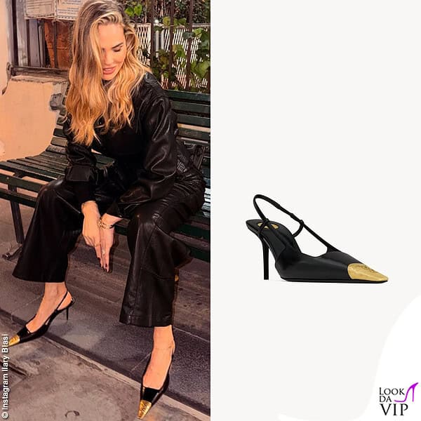 Ilary Blasi indossa un look in pelle abbinato a décolleté Saint Laurent 