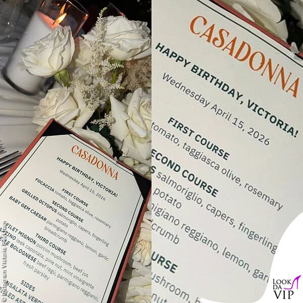 Il menù del ristorante Casadonna, con gli auguri per Vic