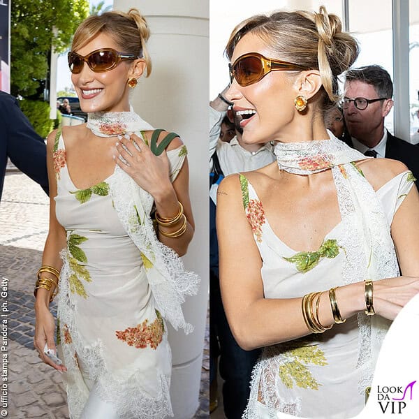 Uno dei look daily della Hadid a Cannes: Elie Saab con gioielli Pandora