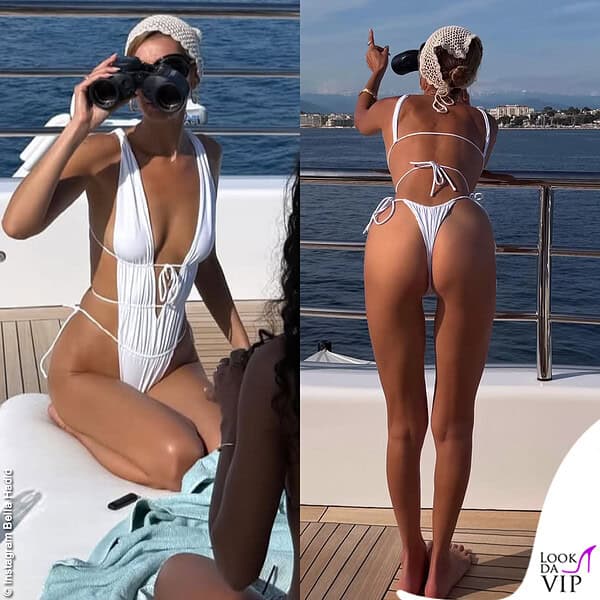 Bella Hadid sexy in barca col costume intero bianco Inda
