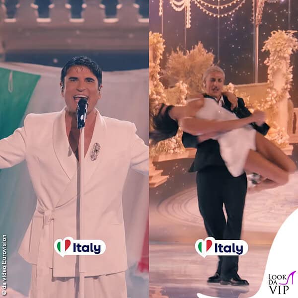 La gonna col tricolore che diventa sfondo per la performance di Sal Da Vinci