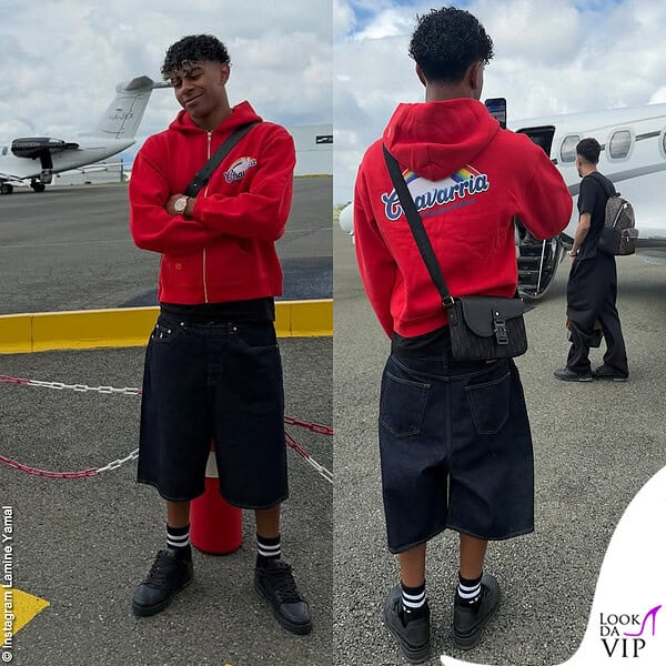 Lo stile di Yamal: qui indossa una felpa rossa Willy Chavarria e una borsa Dior