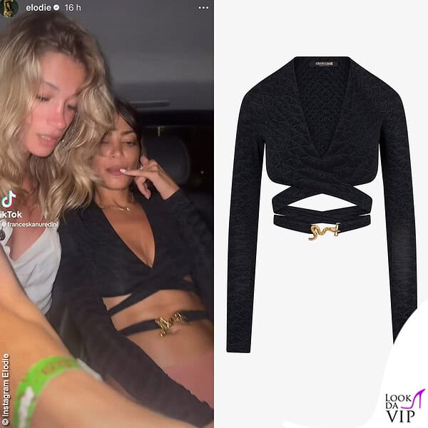 Elodie indossa un top Roberto Cavalli (e slip rosa)