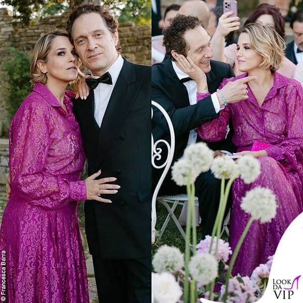 Francesca Barra con Claudio Santamaria al matrimonio di Micaela Ramazzotti, con un abito La Jolie Fille 